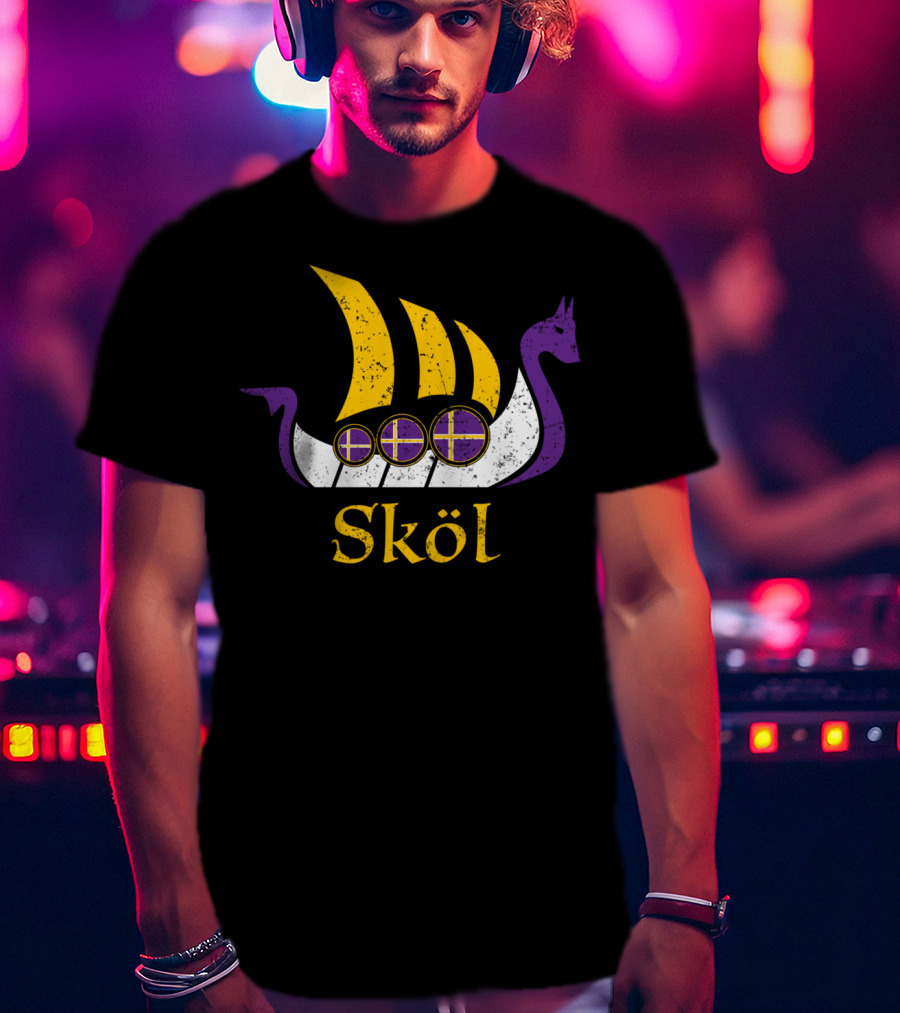 Skol Nordic Scandinavian Vikings Boat With Purple And Yellow Dragon Head T-Shirt