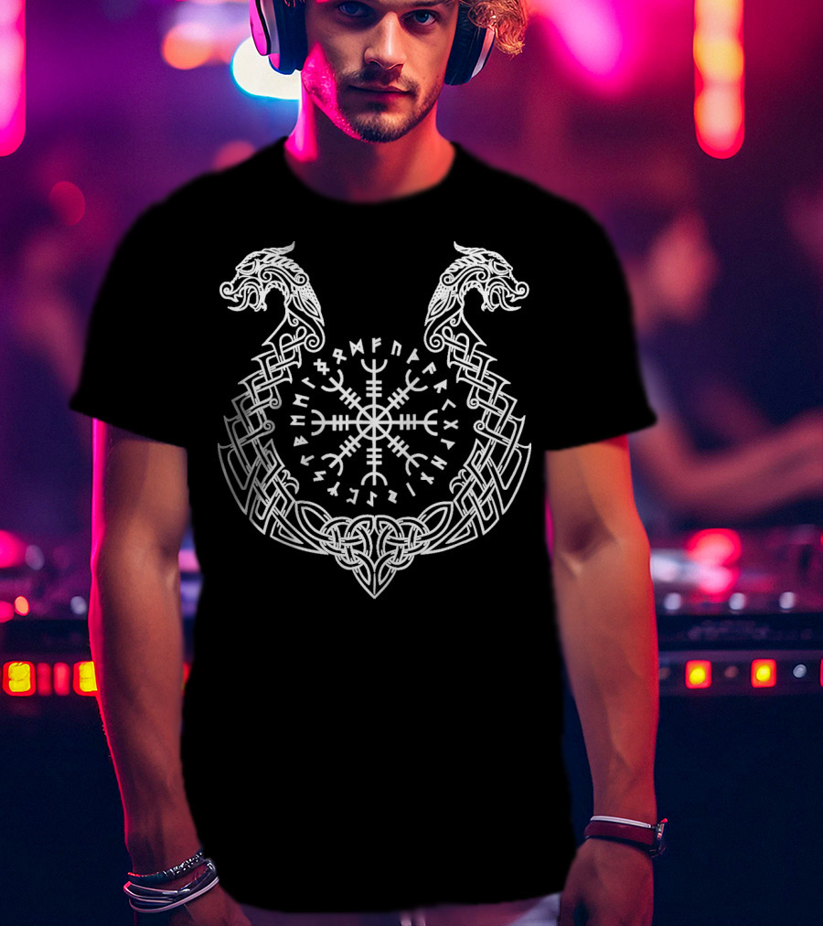 Viking Helm Of Awe Rune Knotwork Dragons Nordic T-Shirt