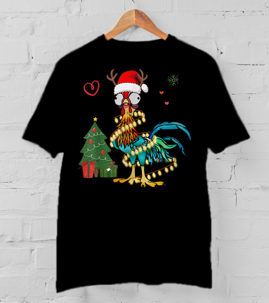 Chicken Reindeer Christmas Lights Santa Hat Christmas Tree T-Shirt