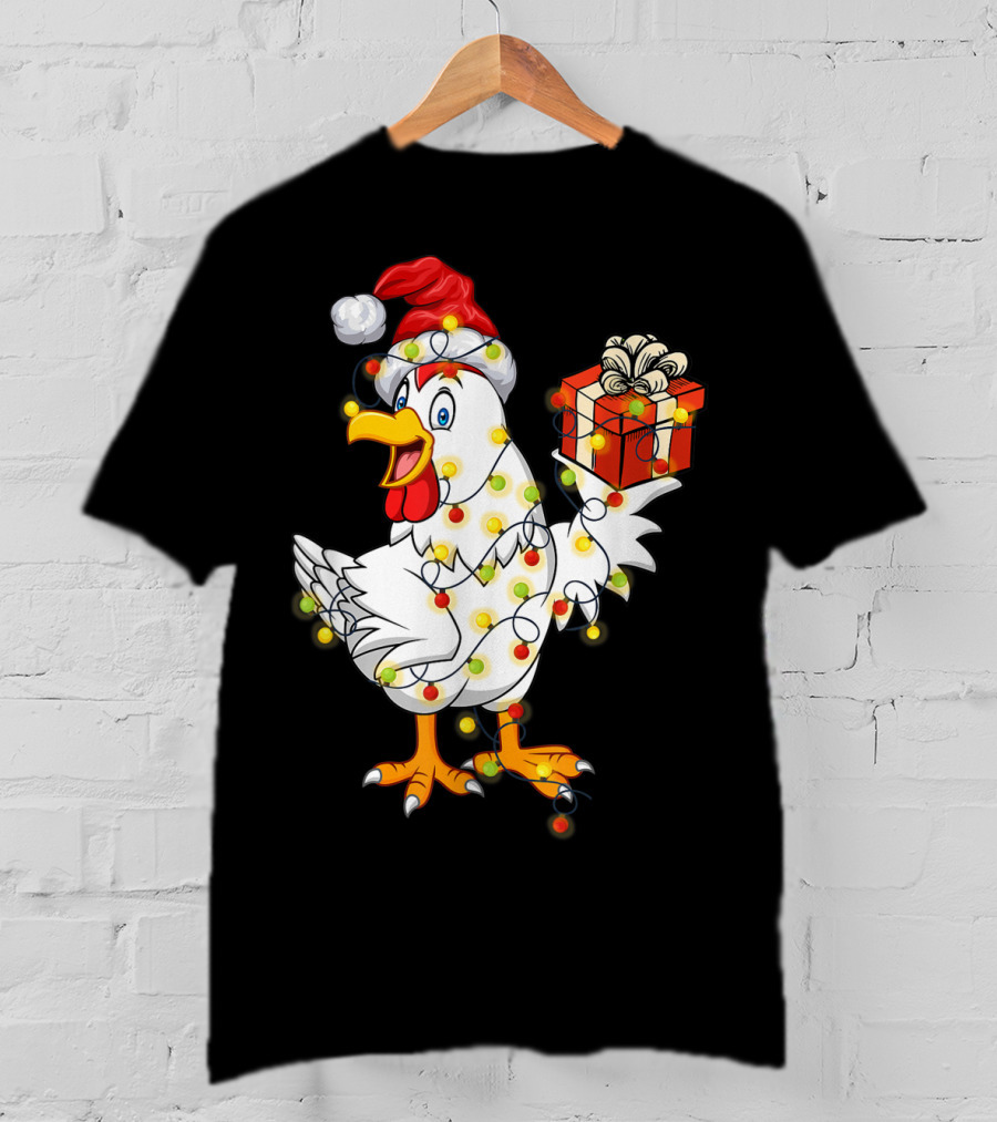 Funny Chicken Wrapped In Christmas Lights With Santa Hat And Gift T-Shirt