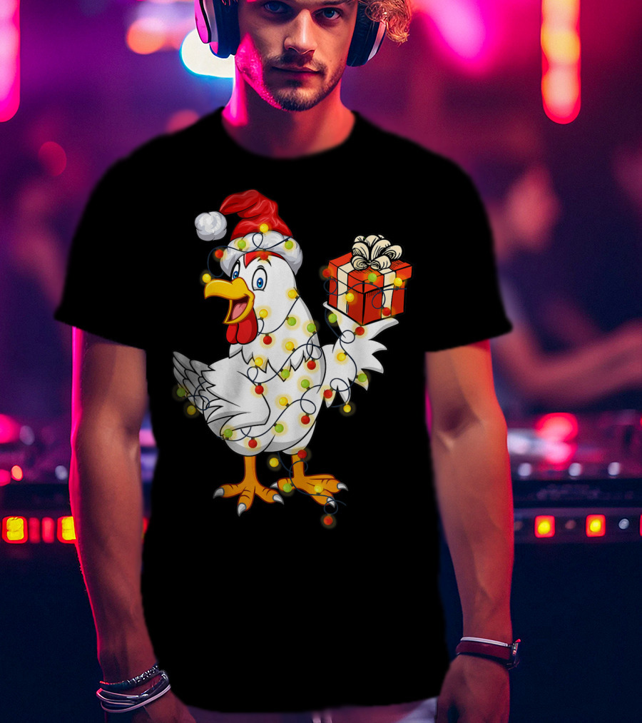 Funny Chicken Wrapped In Christmas Lights With Santa Hat And Gift T-Shirt