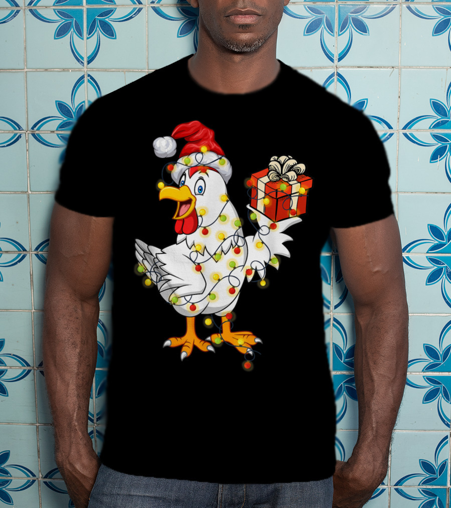 Funny Chicken Wrapped In Christmas Lights With Santa Hat And Gift T-Shirt