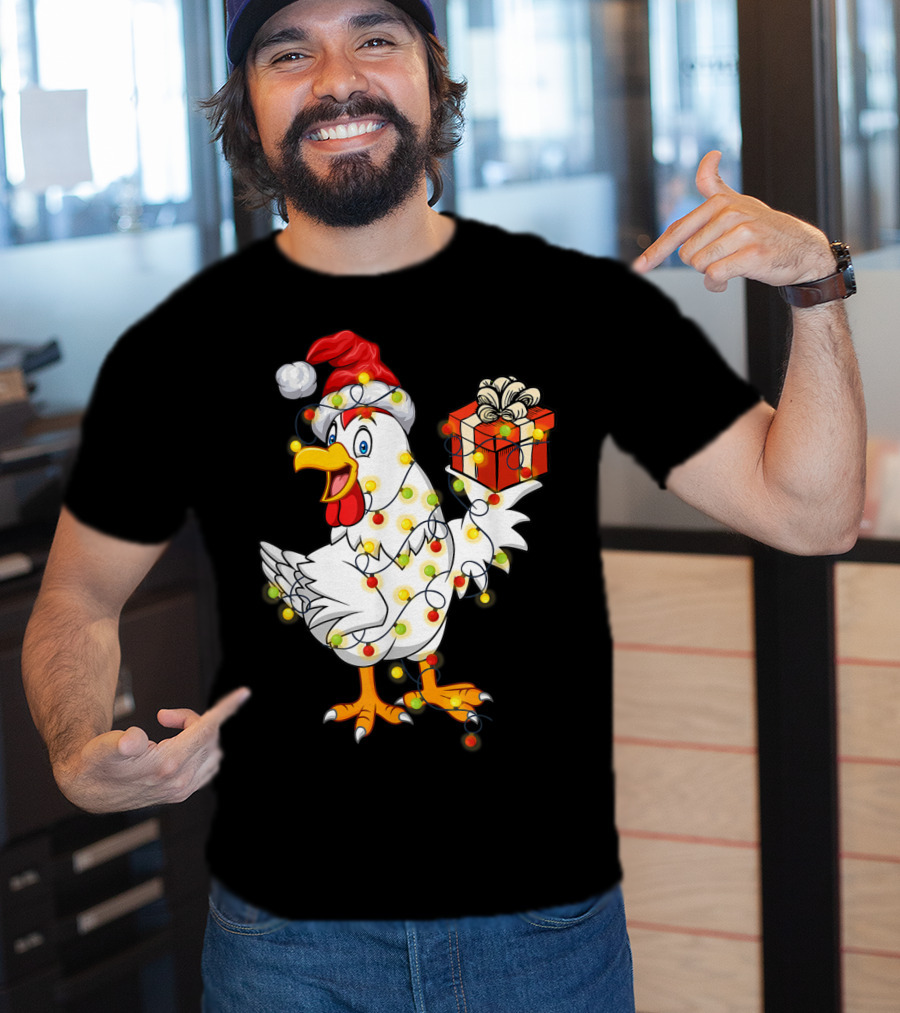 Funny Chicken Wrapped In Christmas Lights With Santa Hat And Gift T-Shirt