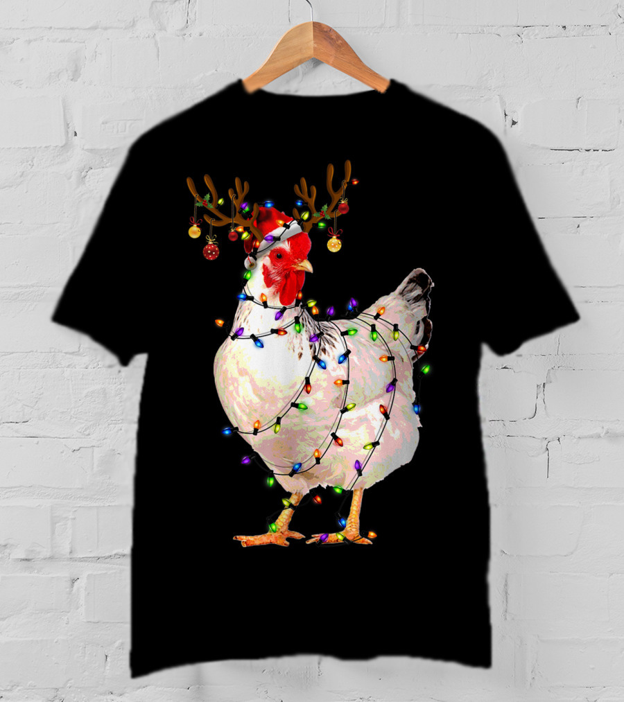Funny Chicken Wearing Reindeer Antlers And Christmas Lights T-Shirt