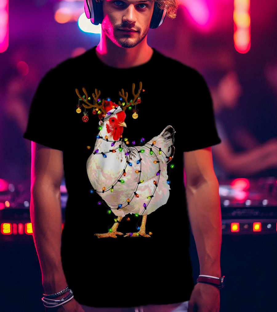 Funny Chicken Wearing Reindeer Antlers And Christmas Lights T-Shirt