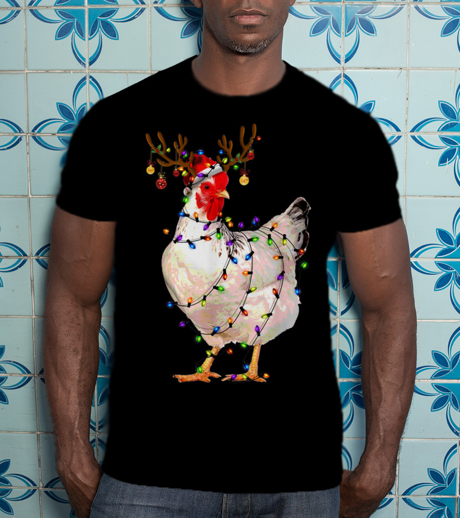 Funny Chicken Wearing Reindeer Antlers And Christmas Lights T-Shirt