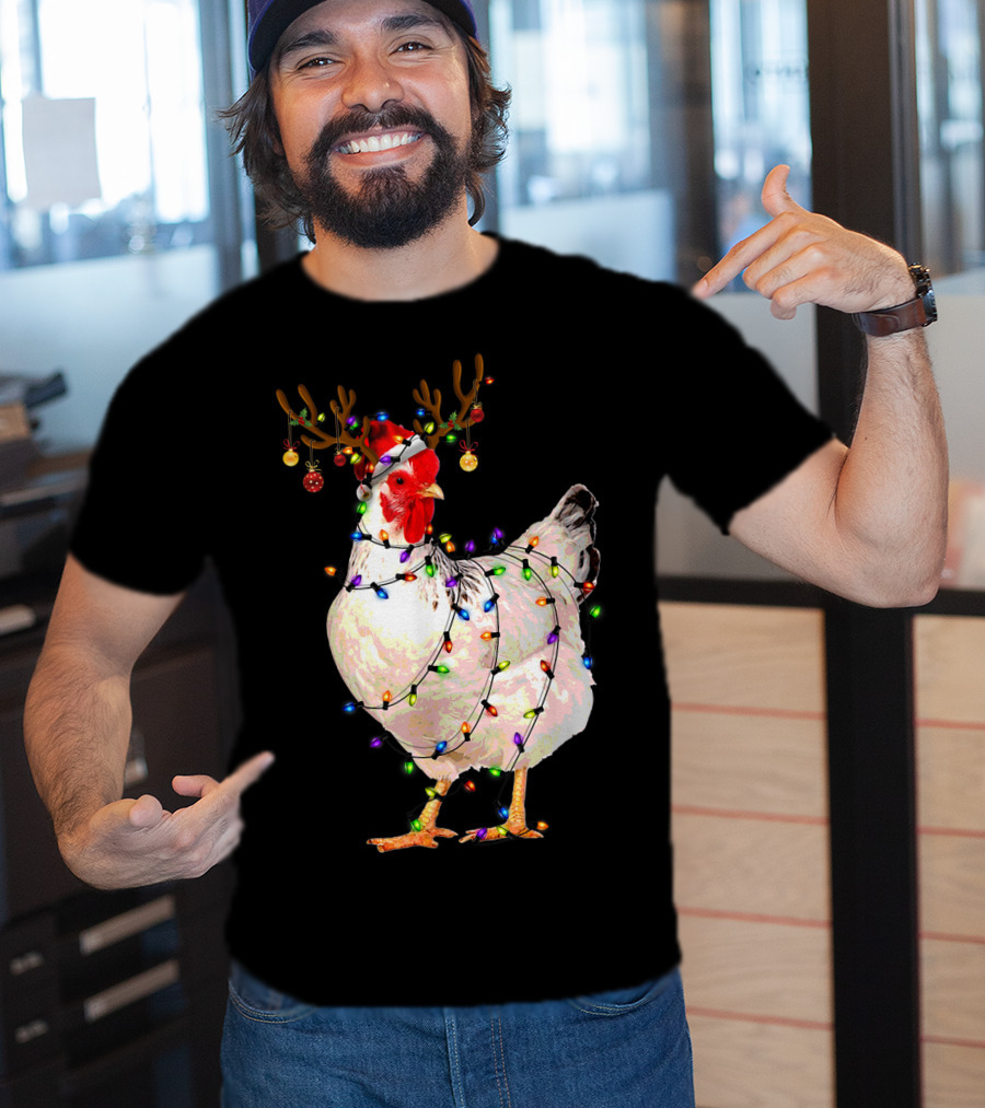 Funny Chicken Wearing Reindeer Antlers And Christmas Lights T-Shirt