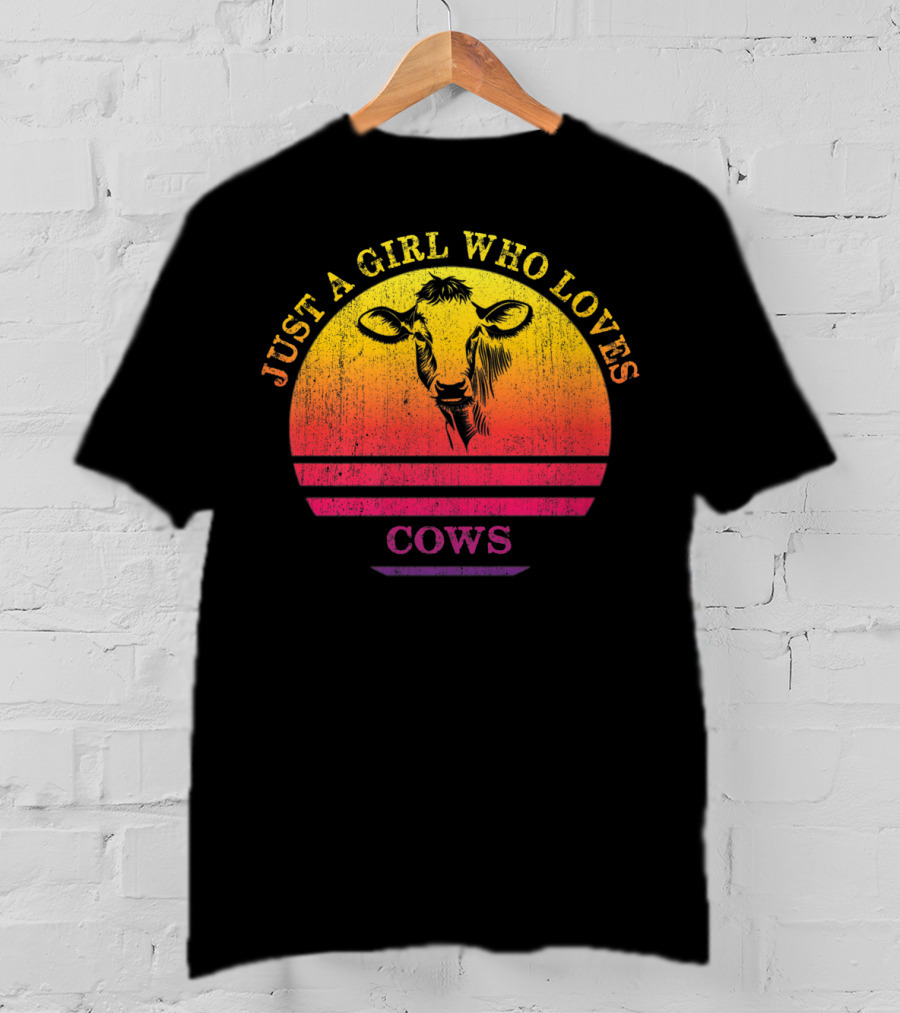 Just A Girl Who Loves Cows Sunset Vintage Cow Retro Pastel Sunset T-Shirt