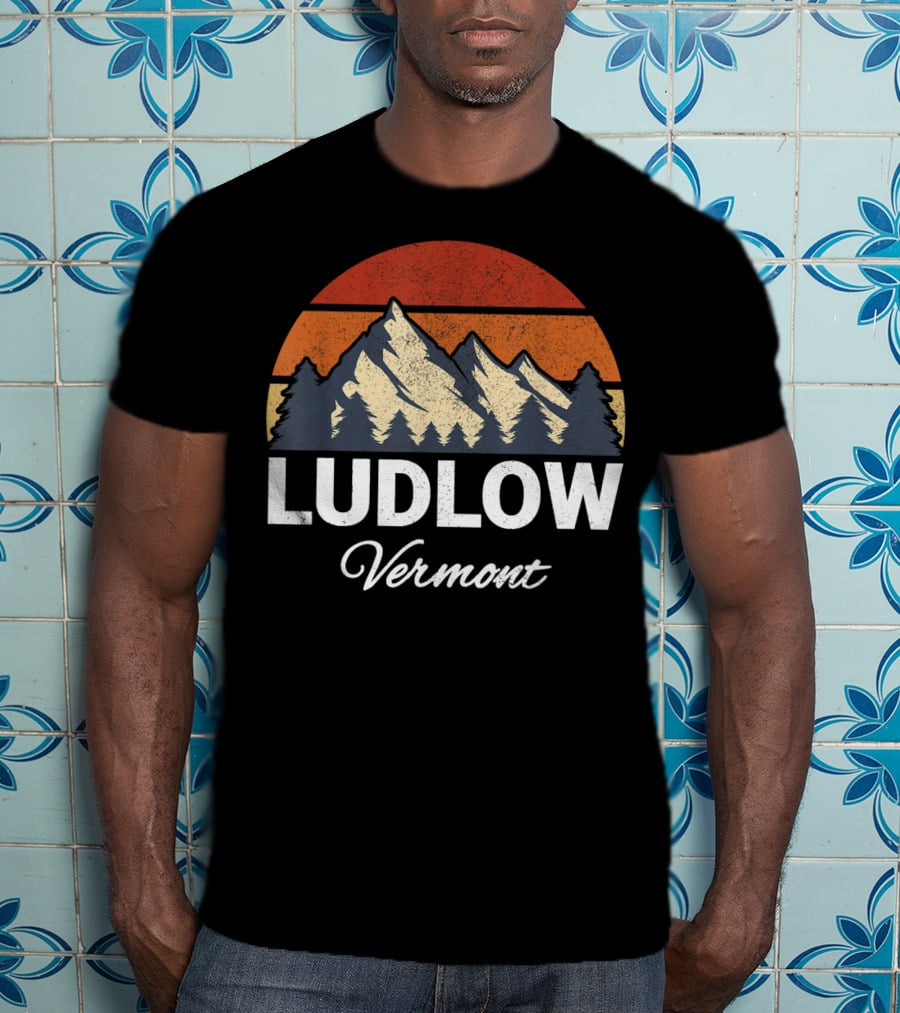 Ludlow Vermont Mountain Forest Retro Sunset T-Shirt