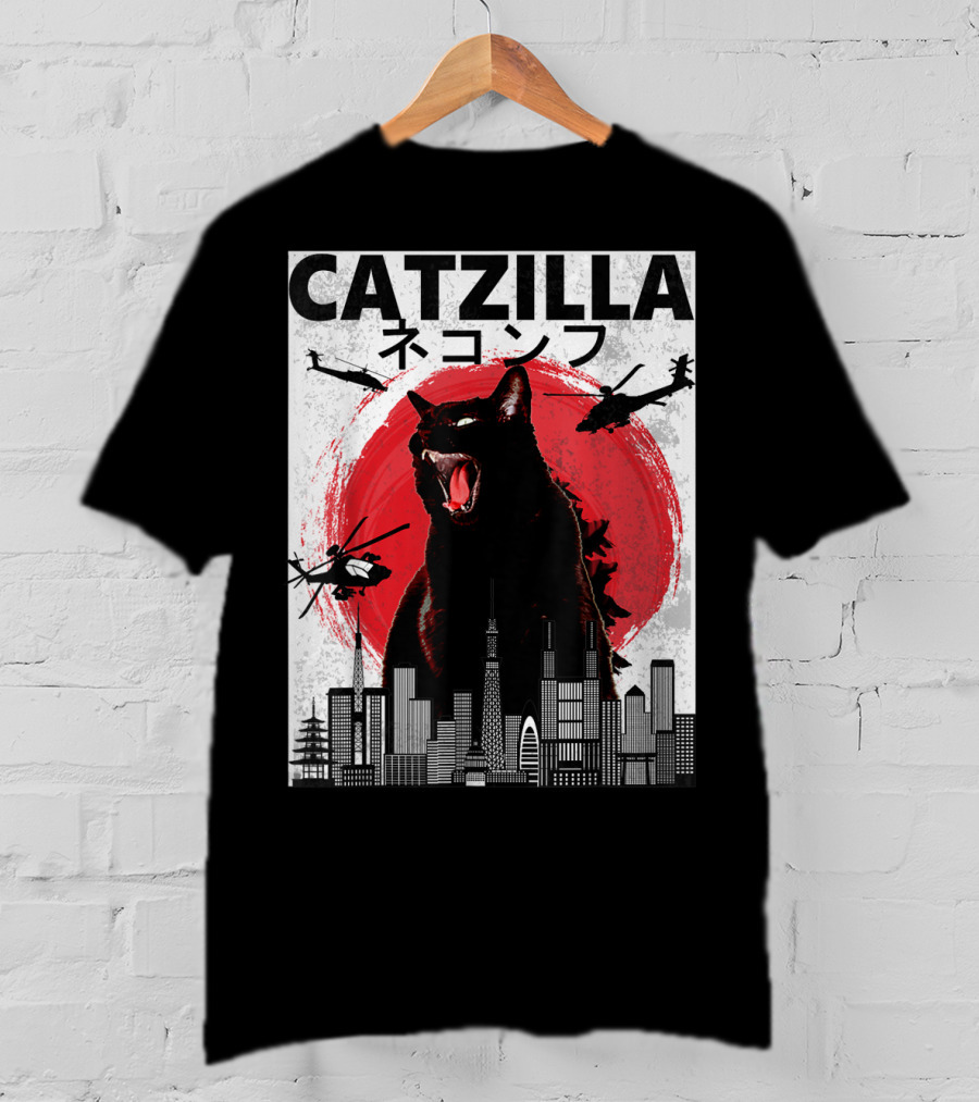 Catzilla Japanese Sunset Helicopters Cityscape Skyscraper Tower T-Shirt