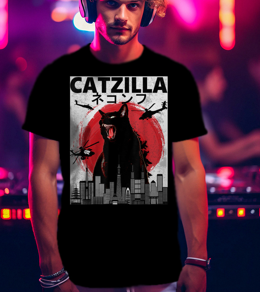 Catzilla Japanese Sunset Helicopters Cityscape Skyscraper Tower T-Shirt