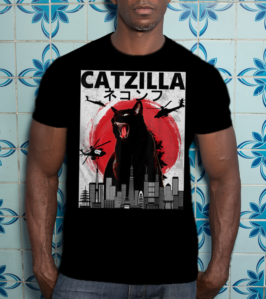 Catzilla Japanese Sunset Helicopters Cityscape Skyscraper Tower T-Shirt