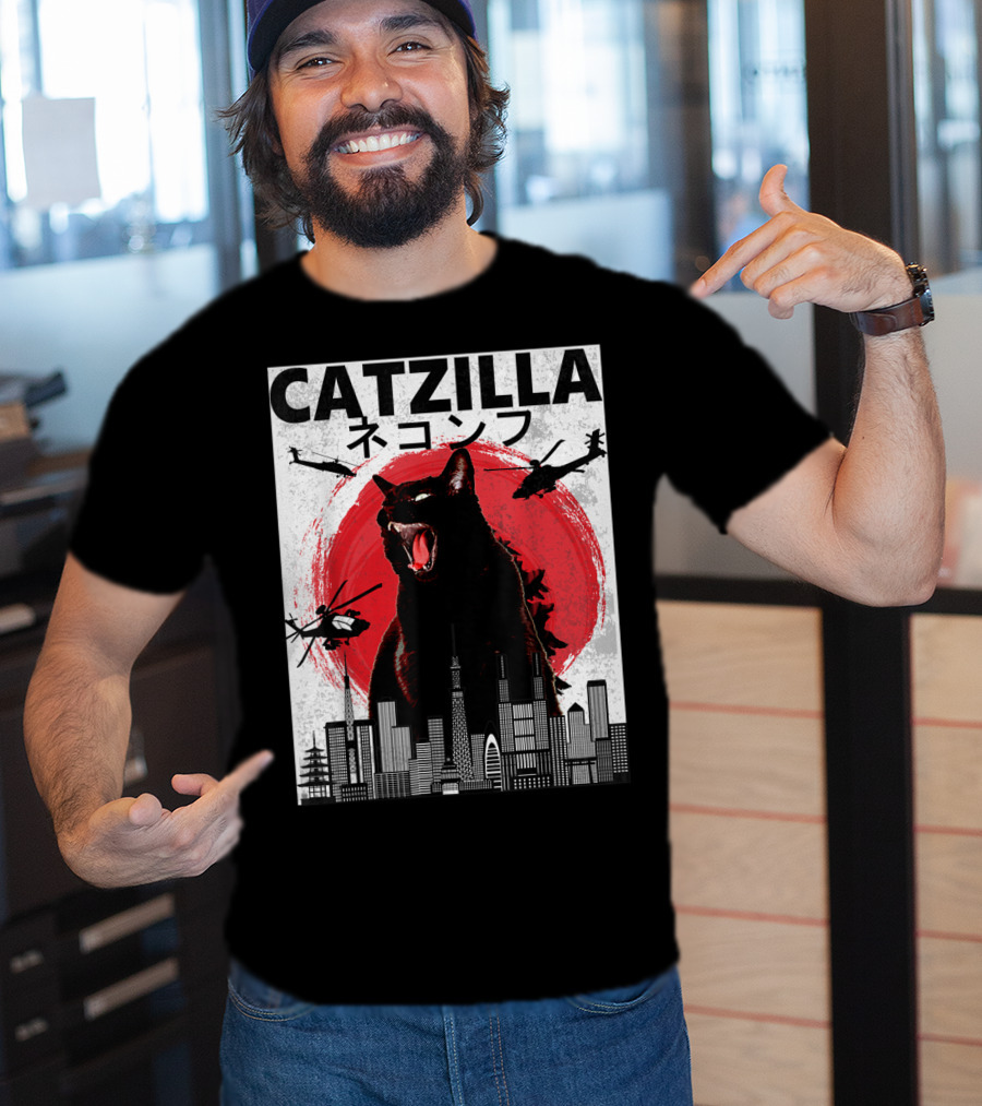 Catzilla Japanese Sunset Helicopters Cityscape Skyscraper Tower T-Shirt