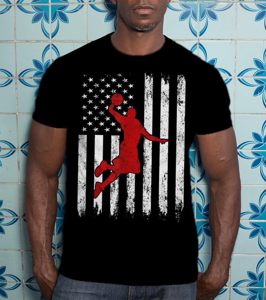 Proud American Basketball Vintage Flag Dunking T-Shirt