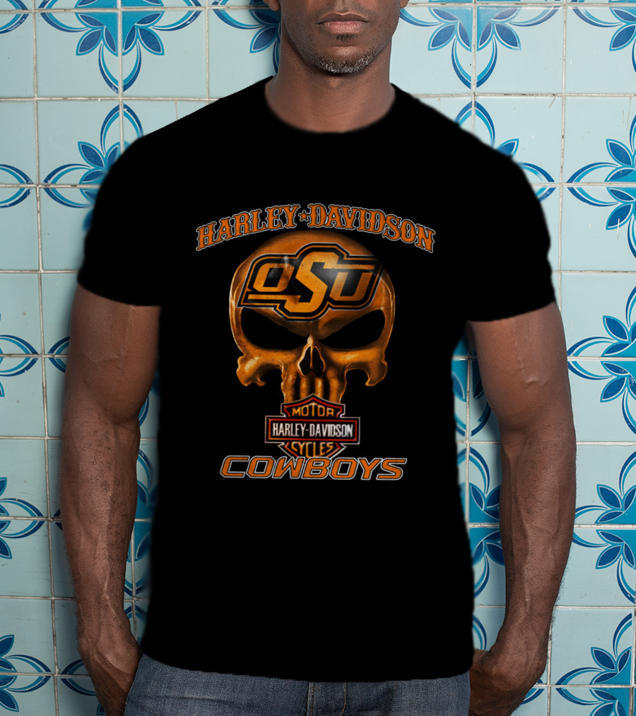 Harley Davidson Osu Motorcycles Cowboys Skull T-Shirt