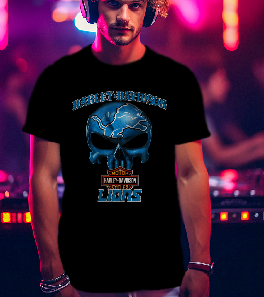 Harley Davidson Motor Cycles Lions Skull Detroit Nfl T-Shirt