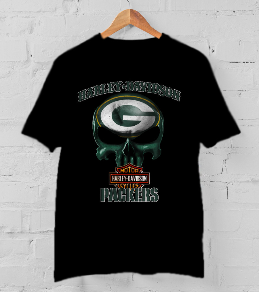 Harley Davidson Skull Green Bay Packers Nfl Motor Cycles T-Shirt