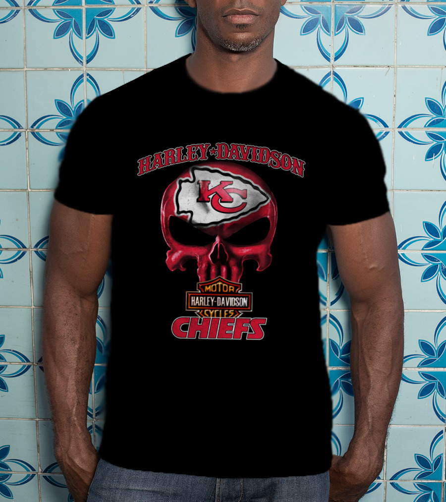 Harley Davidson Kansas City Chiefs Skull Hl Nfl Motor Cycles T-Shirt