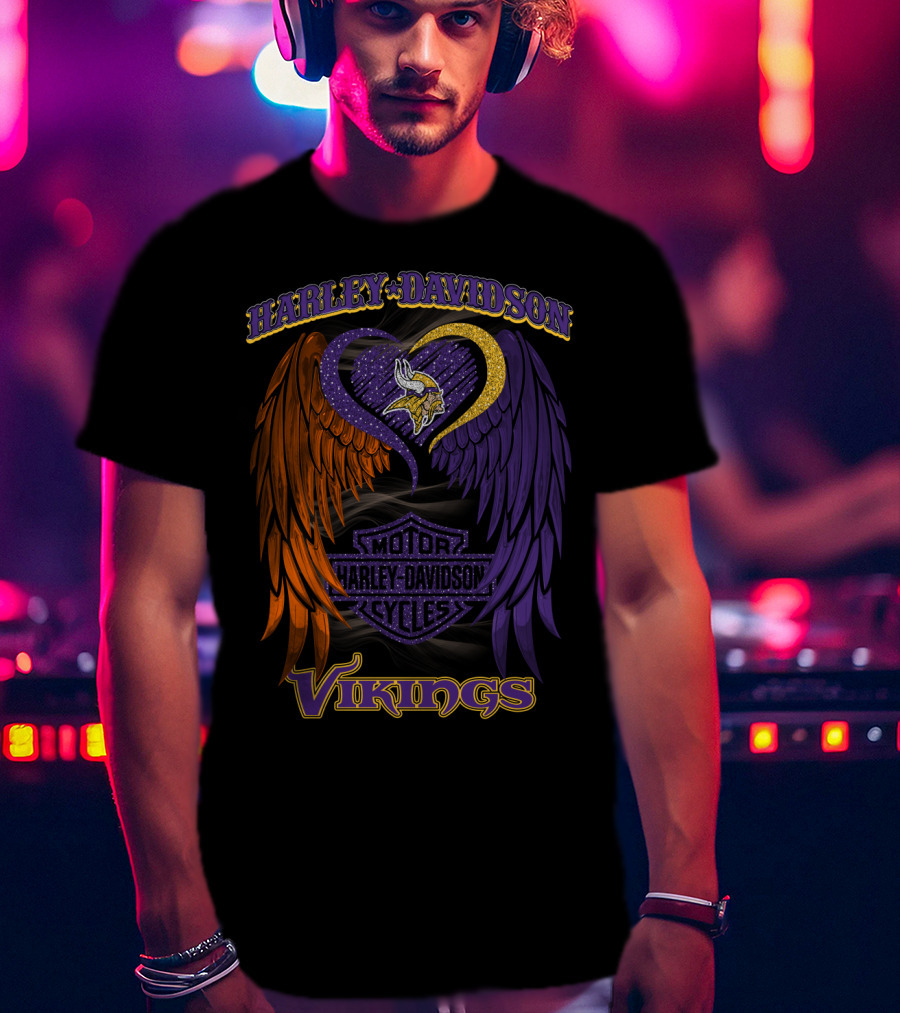 Harley Davidson Motor Cycles Minnesota Vikings Winged Heart T-Shirt