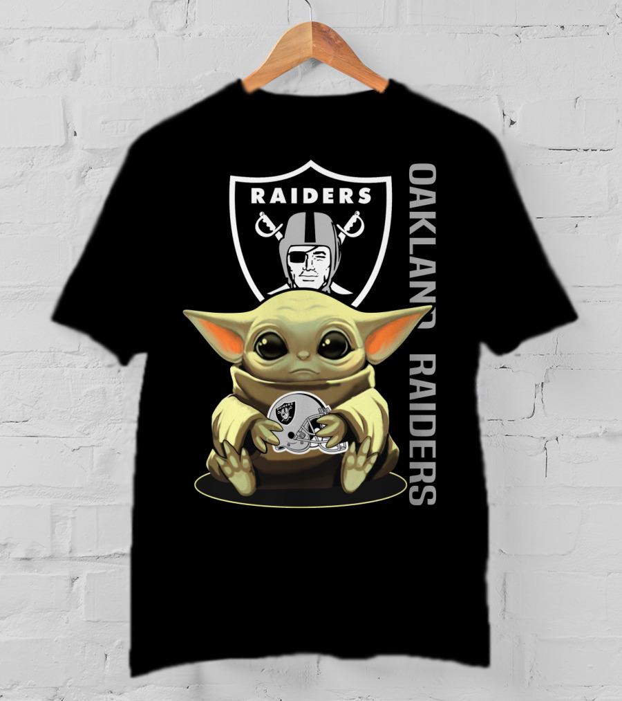 Baby Yoda Holding Oakland Raiders Helmet With Raiders Logo In Background T-Shirt