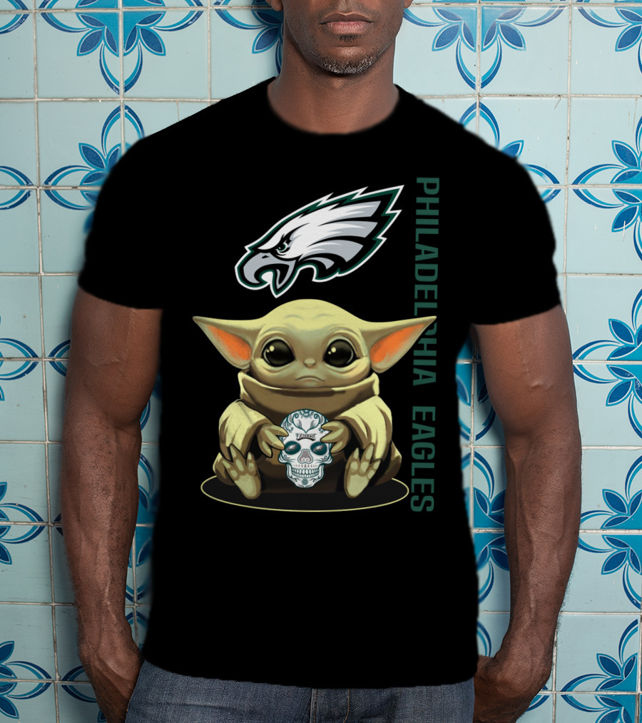 Philadelphia Eagles Baby Yoda Holding Skull T-Shirt