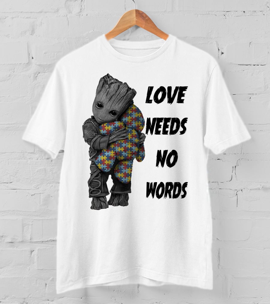 Love Needs No Words Groot Hugging Puzzle Piece Autism Awareness T-Shirt