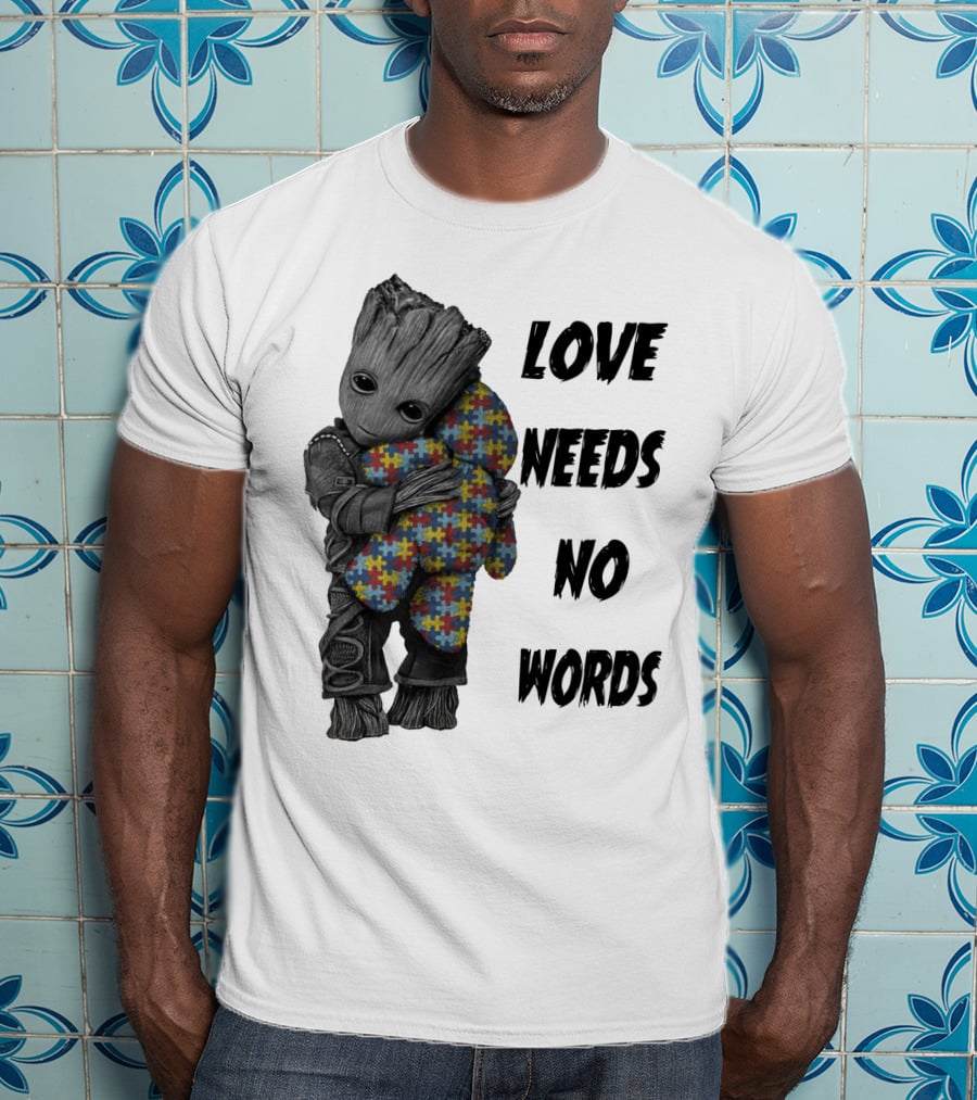 Love Needs No Words Groot Hugging Puzzle Piece Autism Awareness T-Shirt