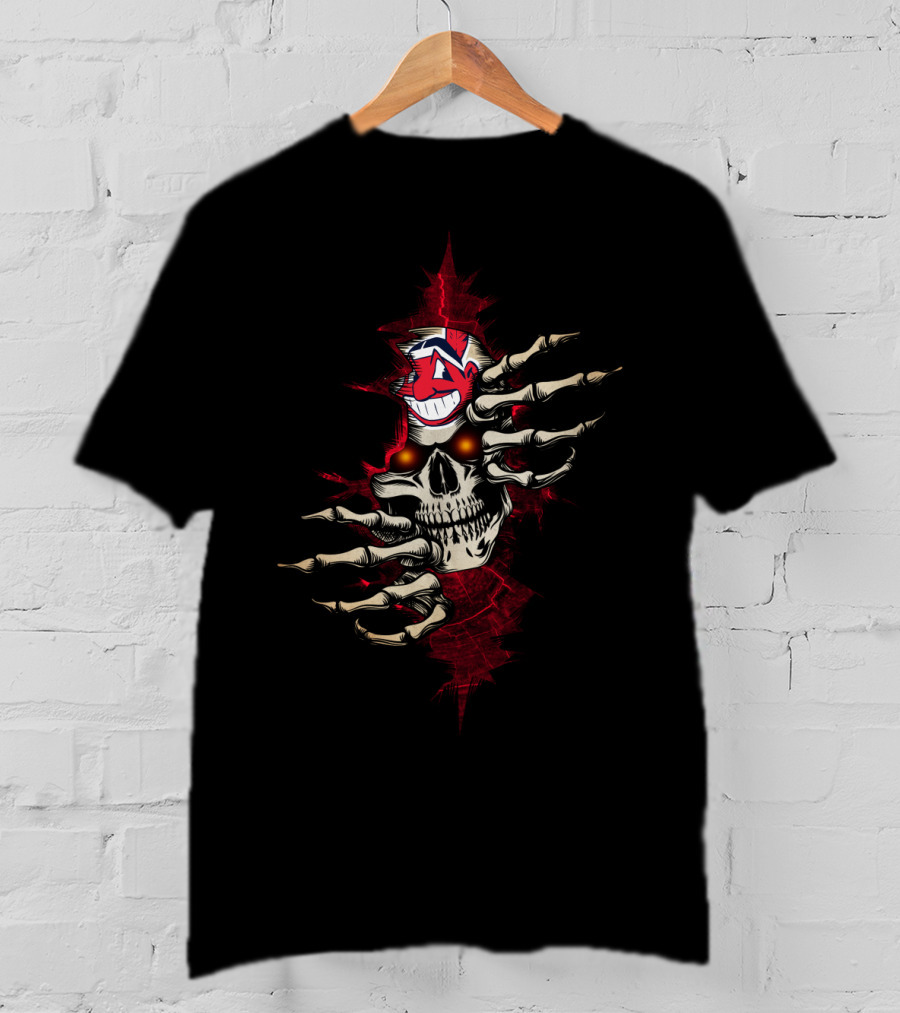 Skull Indians Chief Wahoo Red Eyes Skeletal Hands T-Shirt