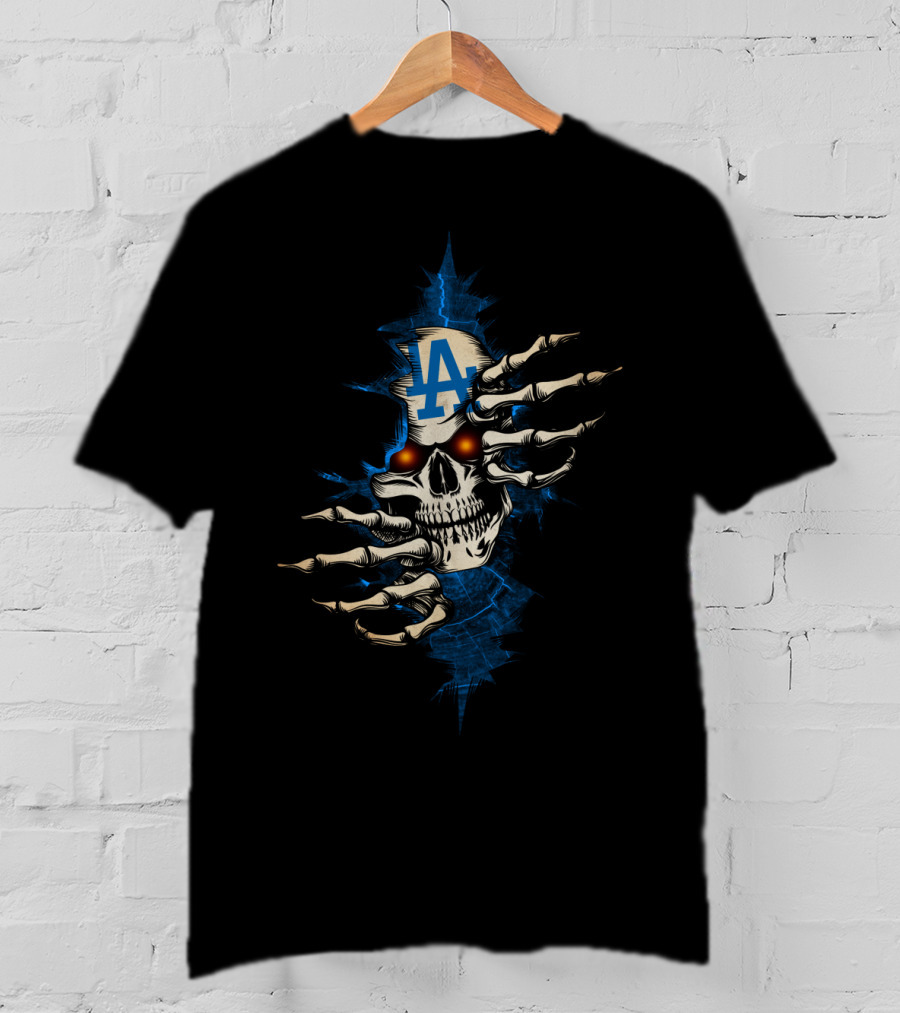 Skull LA Dodgers Logo With Skeleton Hands T-Shirt