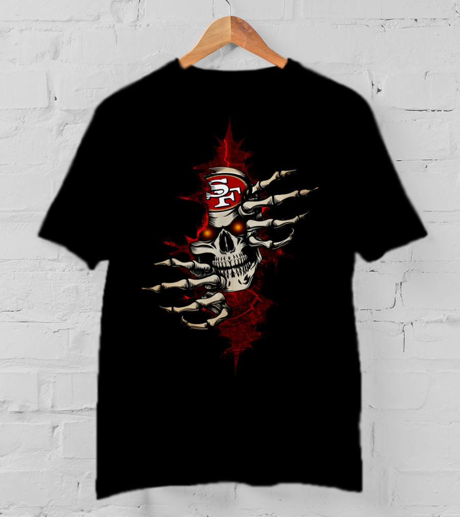 Skull With 49ers Logo And Skeleton Hands T-Shirt