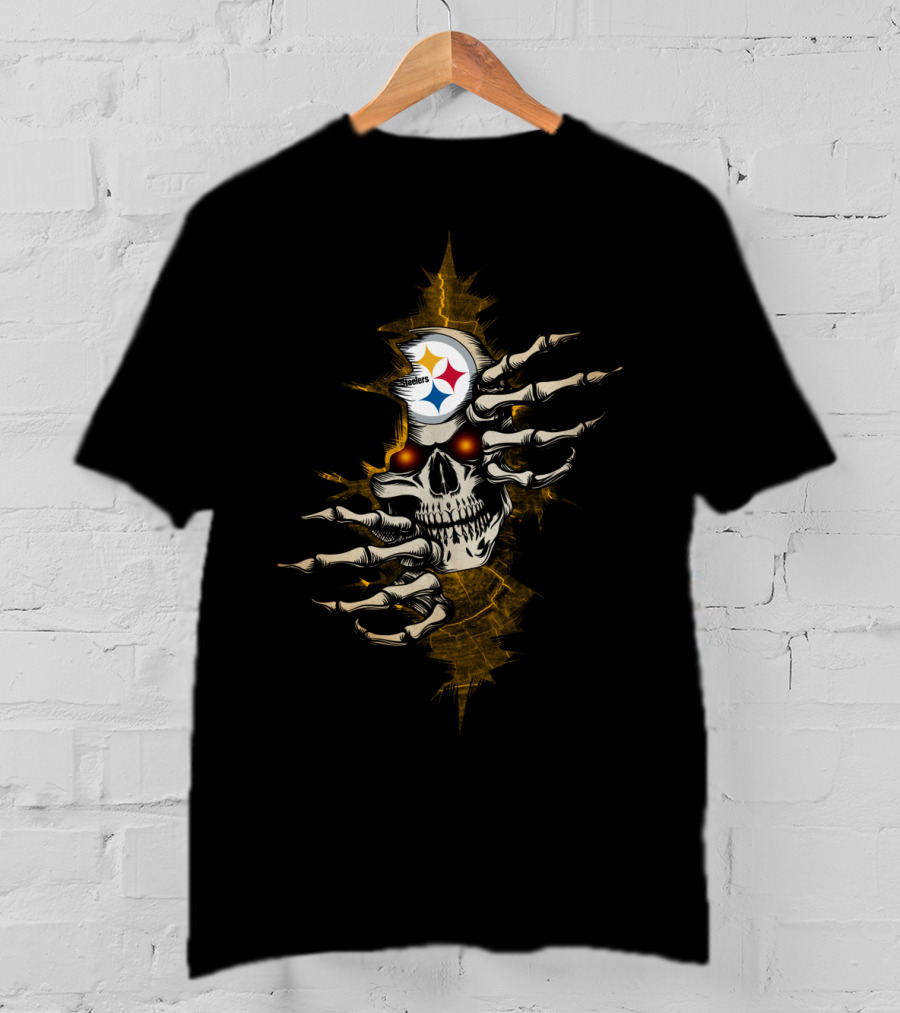 Skull Steelers Creepy Hand And NFL Team Logo Skull T-Shirt