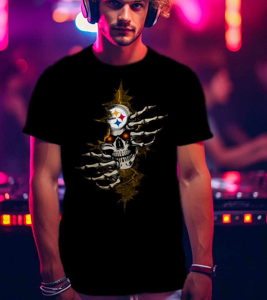 Skull Steelers Creepy Hand And NFL Team Logo Skull T-Shirt
