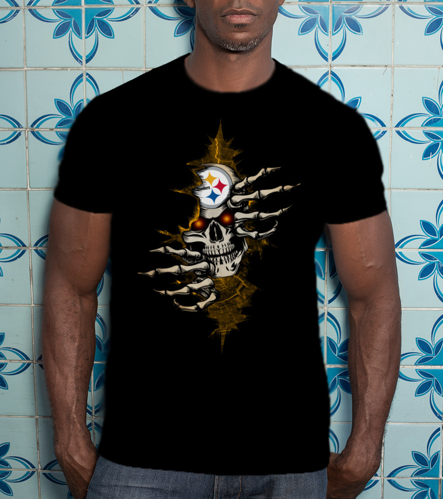 Skull Steelers Creepy Hand And NFL Team Logo Skull T-Shirt