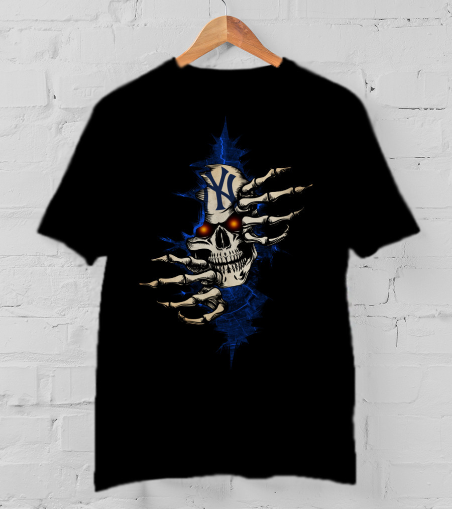 Skull Yankees NY Logo Skeleton Hands Red Eyes T-Shirt