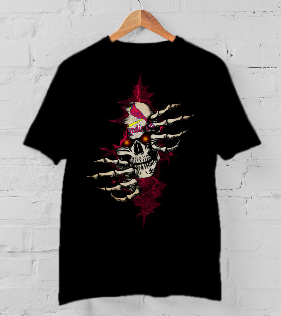 Skull Stl Cardinals Bird Logo Red Eyes Skeleton Hands T-Shirt