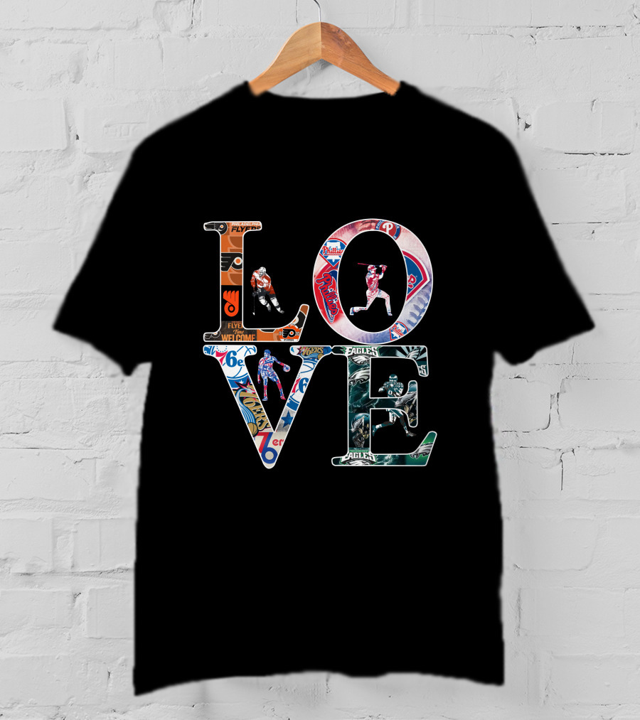 LOVE Philadelphia Sports Logos Flyers Phillies 76ers Eagles T-Shirt