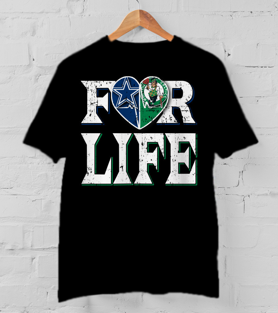 For Life Dallas Cowboys Boston Celtics Logo Heart T-Shirt