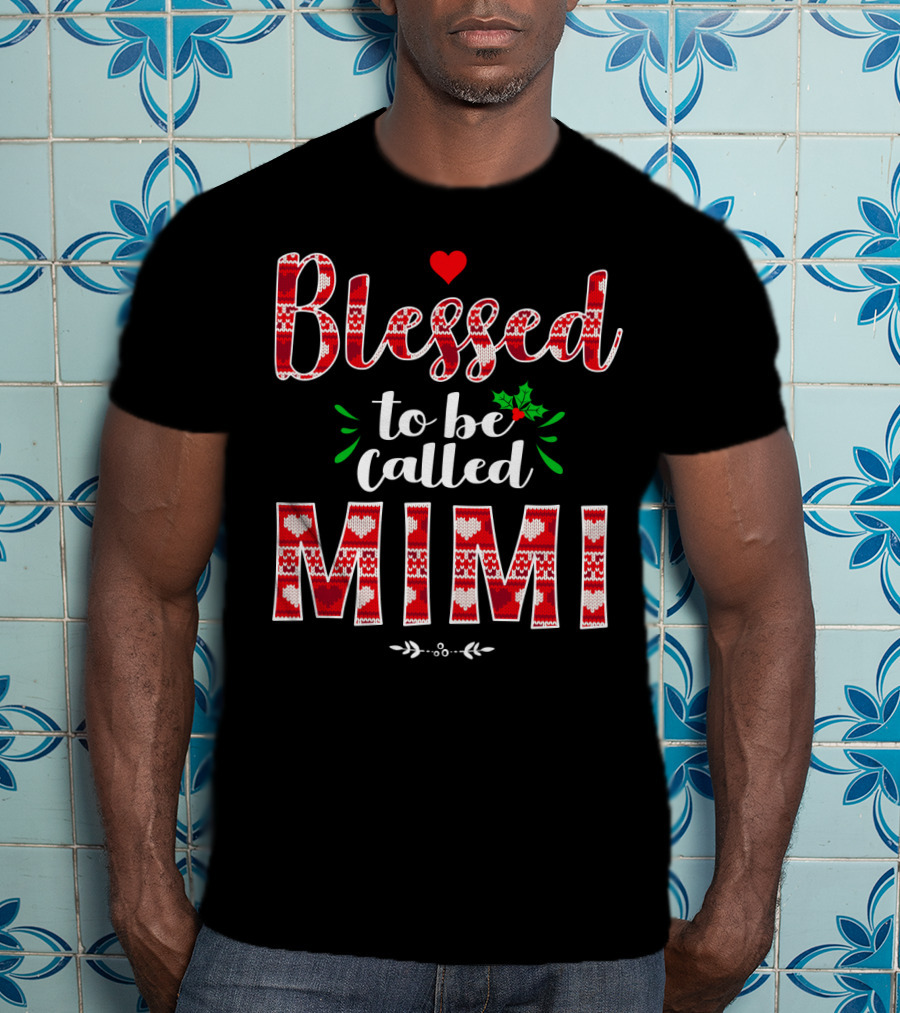 Blessed To Be Called Mimi Holiday Knit Pattern Heart And Holly T-Shirt