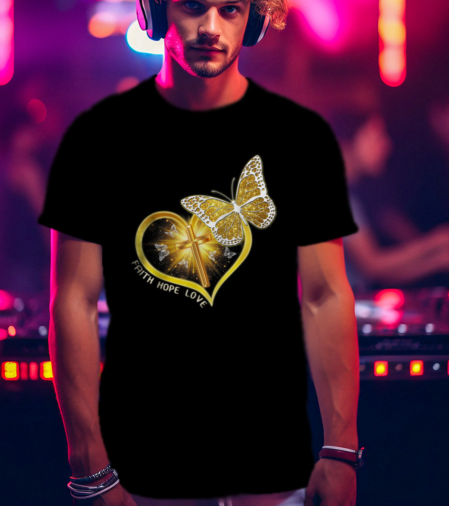 Faith Hope Love Butterfly Heart Christian Cross Jesus T-Shirt