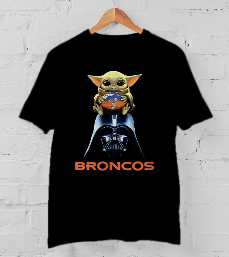 Baby Yoda Holding Denver Broncos Football On Darth Vader With Broncos T-Shirt