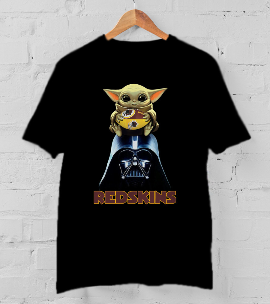 Redskins Baby Yoda Holding Football On Darth Vader Helmet T-Shirt