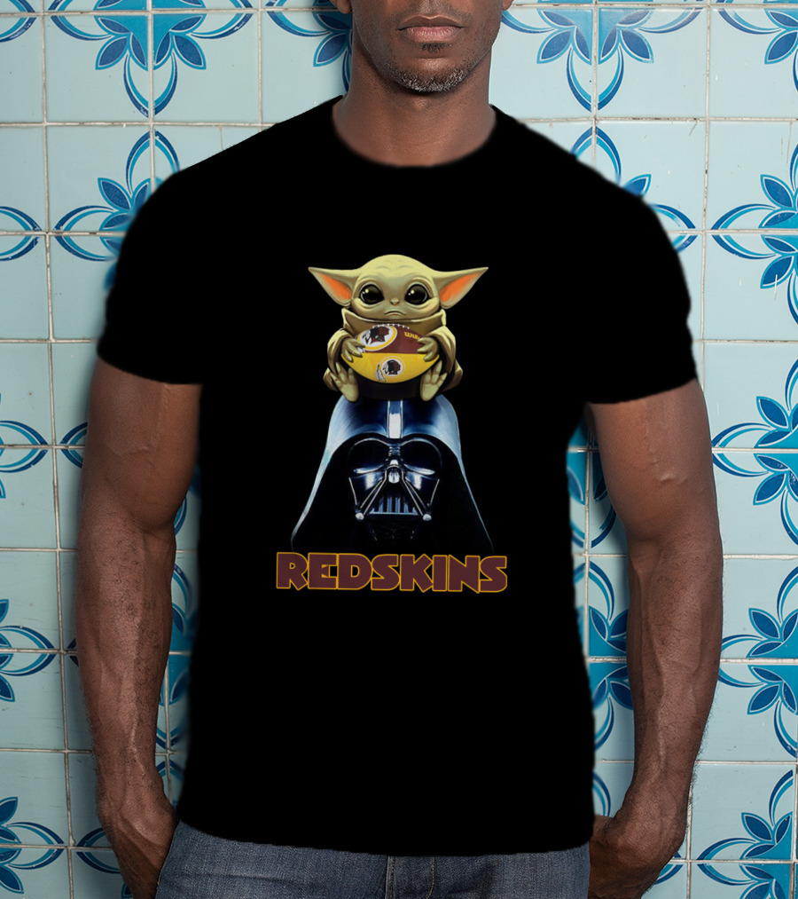 Redskins Baby Yoda Holding Football On Darth Vader Helmet T-Shirt