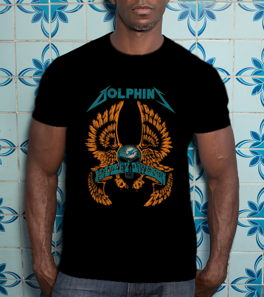 Miami Dolphins Harley Davidson Nfl Collaboration Wings Skull T-Shirt