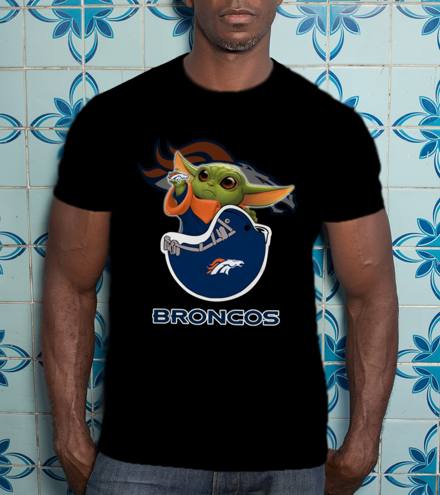 Yoda Denver Broncos Baby Yoda Holding Helmet T-Shirt