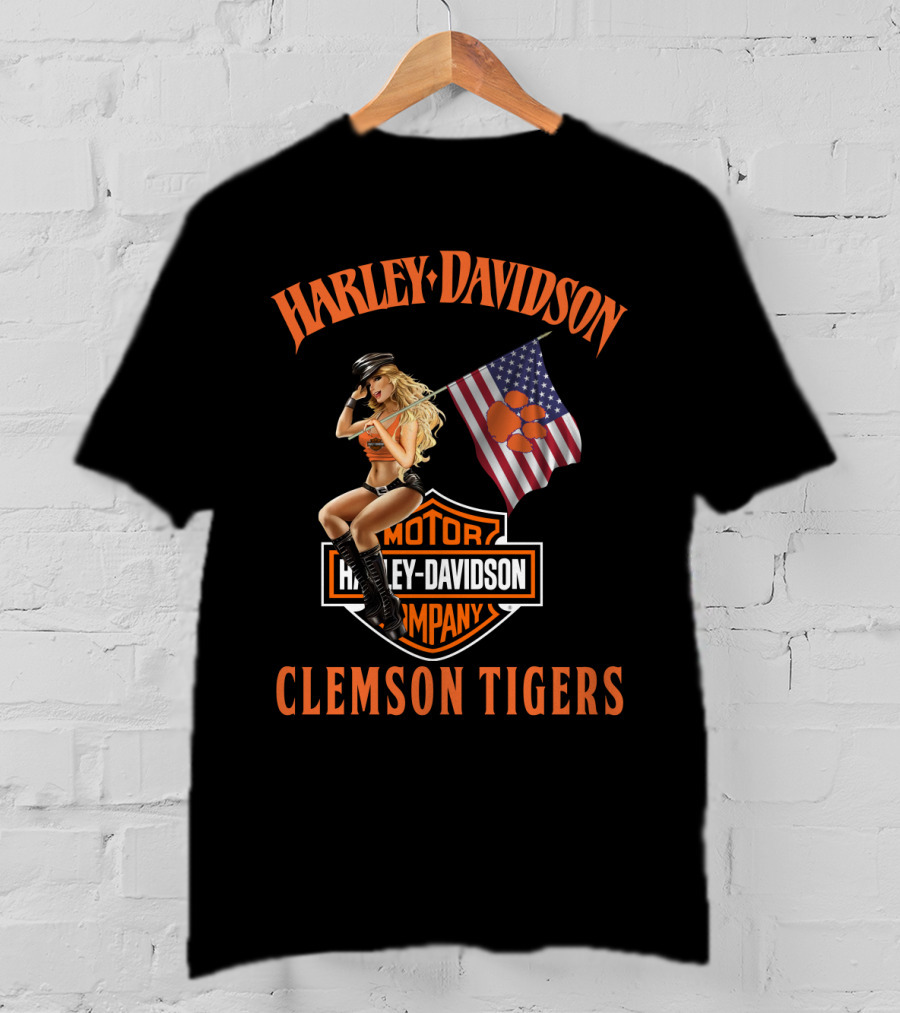 Harley Davidson Clemson Tigers American Flag Pin-Up Model T-Shirt