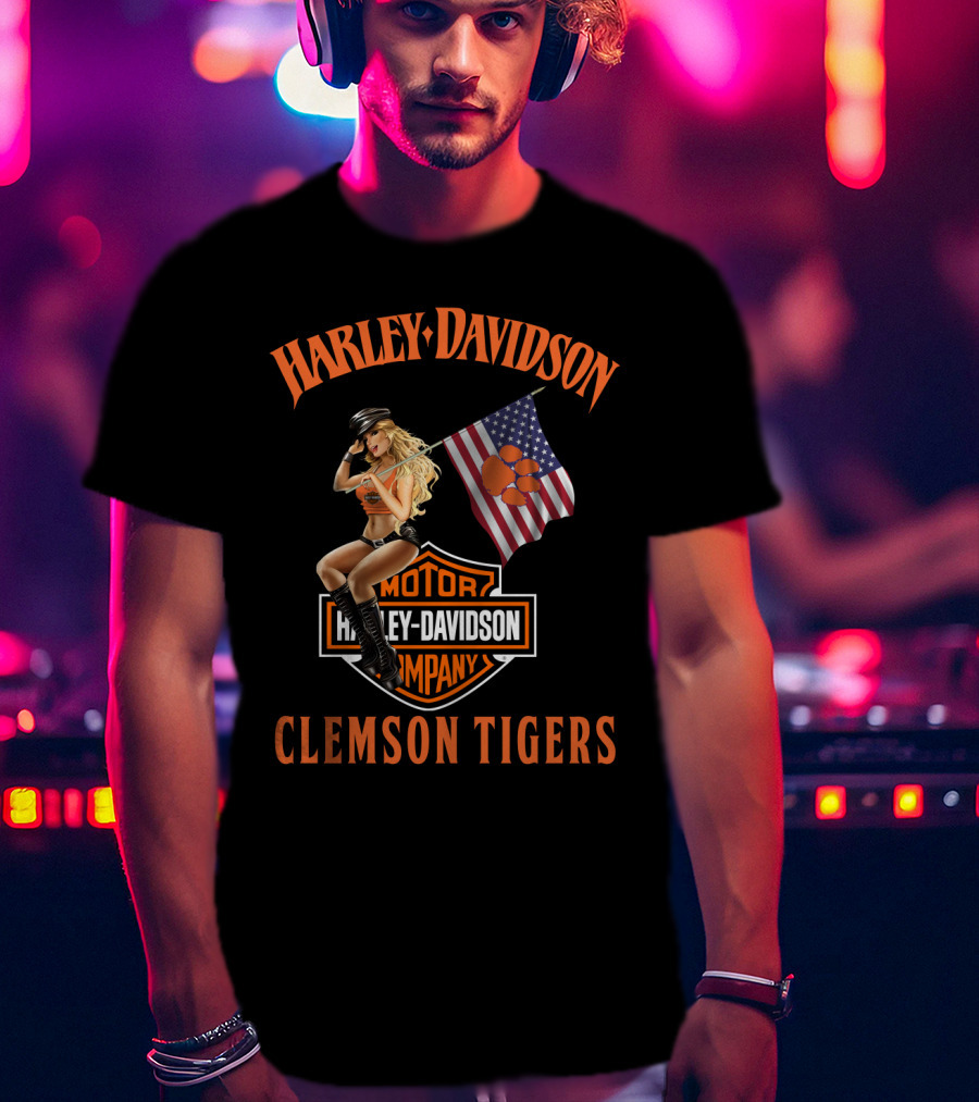 Harley Davidson Clemson Tigers American Flag Pin-Up Model T-Shirt