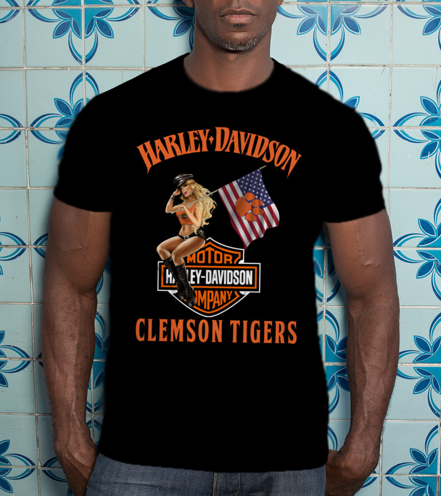Harley Davidson Clemson Tigers American Flag Pin-Up Model T-Shirt