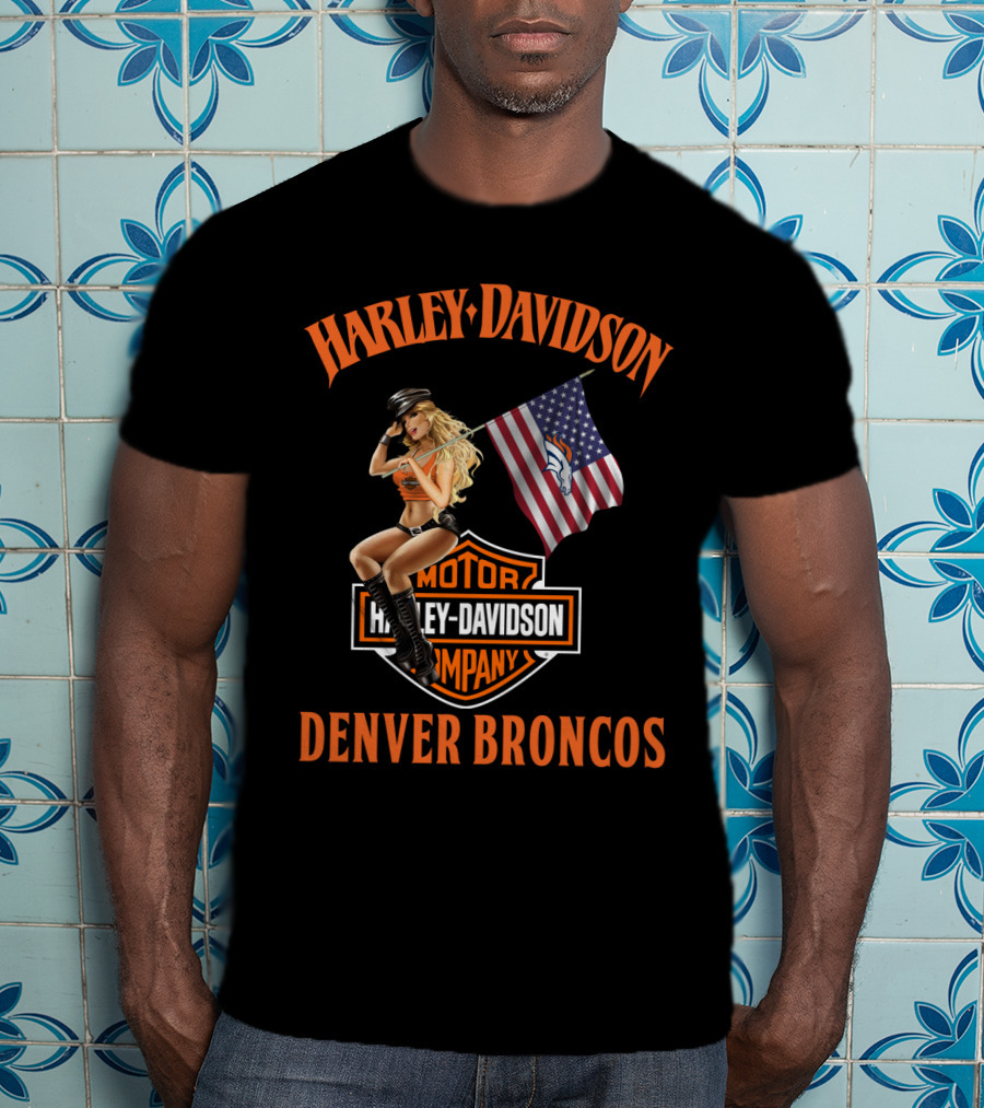 Harley Davidson Denver Broncos Nfl Flag And Pin-Up Girl T-Shirt