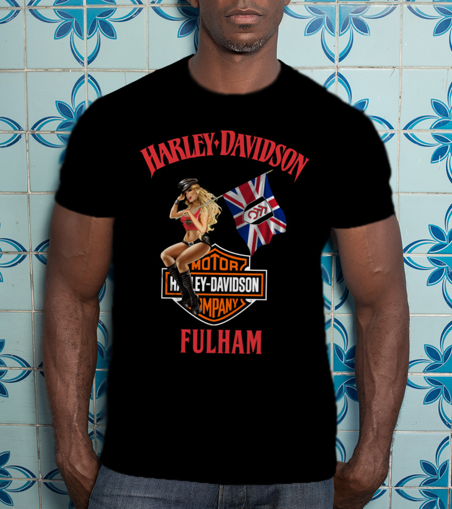 Harley Davidson Fulham Union Jack Motorcycle Pin-Up T-Shirt