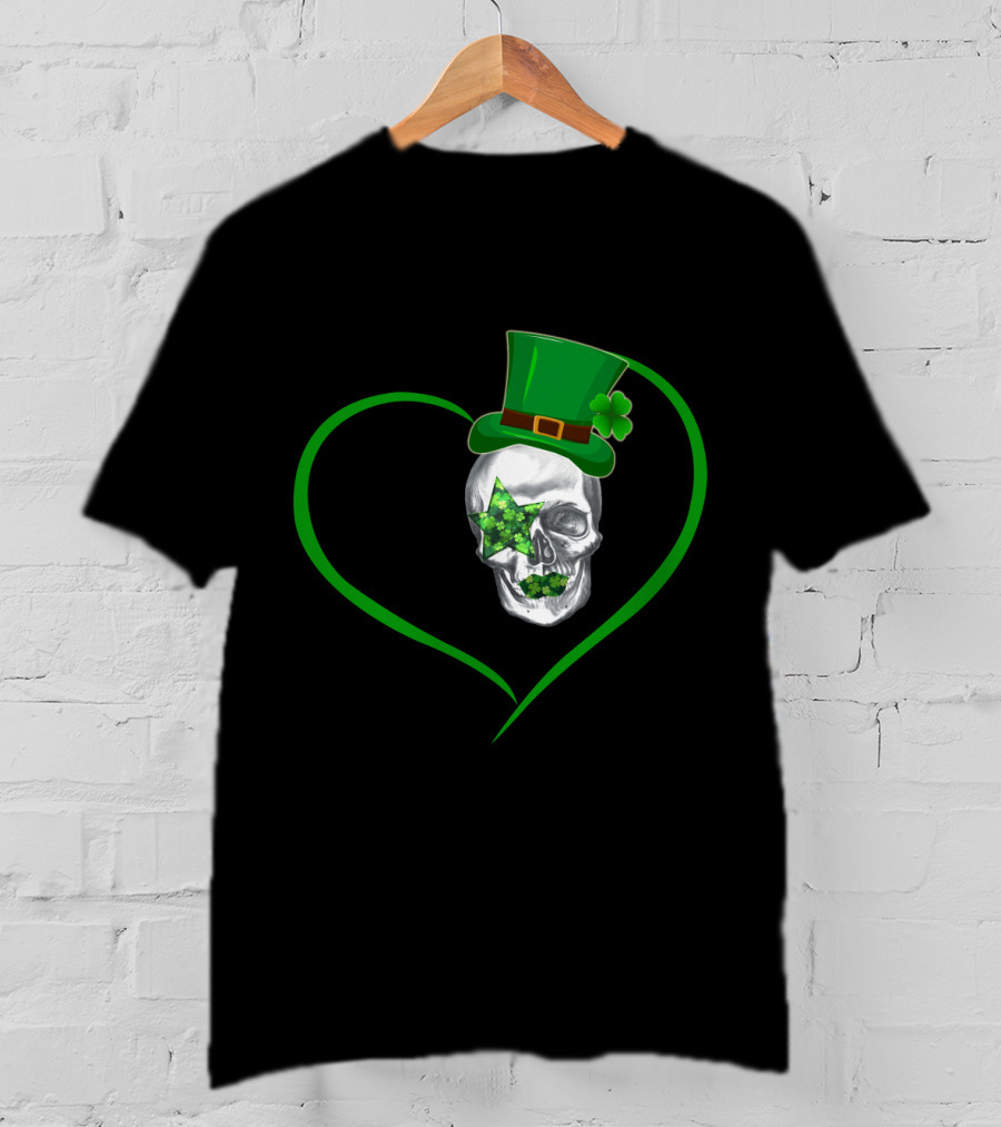 Kiss 02 Skull With Shamrock Star And Green Top Hat Inside Heart Shape T-Shirt